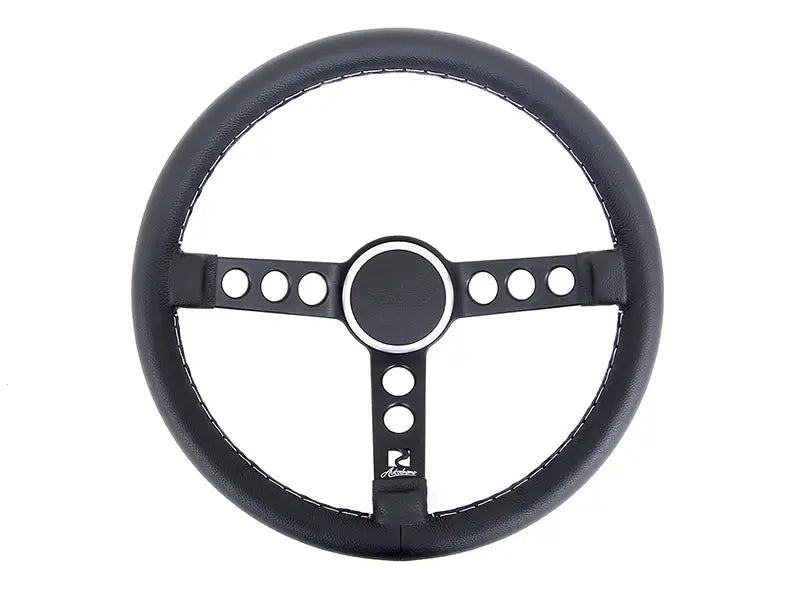 Rennline Leather Steering Wheel - Black Spokes & Silver Horn Ring